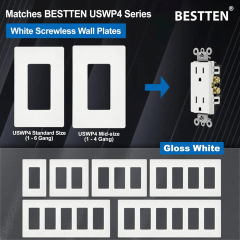 100 Pack White Decorator Wall Outlet 15 Amp 125V Receptacle with Wall Plate Non-Tamper-Resistant UL Listed shown with gloss white plates.