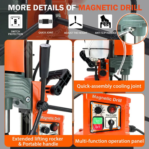 Close-up of Beefy Magnetic Drill Press 1400W copper motor detailing quick-assembly cooling joint and operation panel