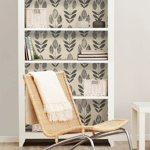 Folk Tulip Peel And Stick Wallpaper Neutral Textured Removable for DIY room makeover on smooth walls in a bookshelf background