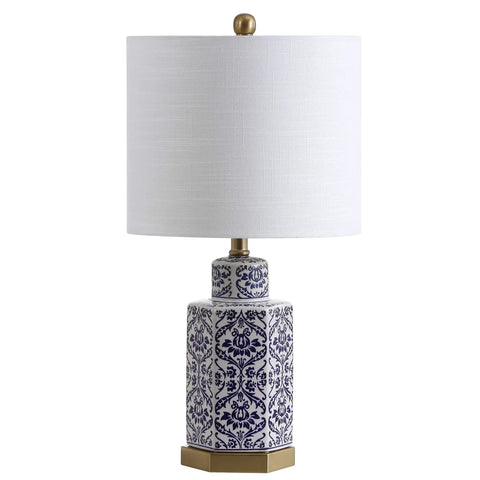 Blue And White Ginger Jar Ceramic LED Table Lamp With Hex Damask Pattern White Linen Shade Brass Accents Includes LED Bulb ETL Listed 24 Inch