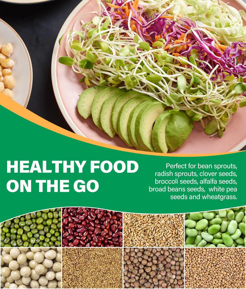 Plate with avocado slices, sprouts, and vegetables above text about healthy food and seeds, related to Stackable Seed Sprouting Kit.