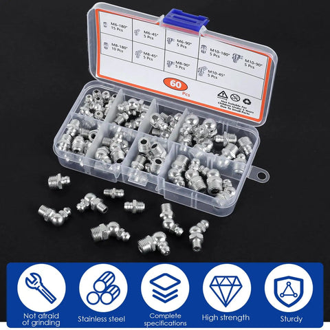 Pro Grade Metric Grease Fittings Kit 60 Or 120 Pcs Featuring 9 Types Galvanized Zerk Set in plastic organizer