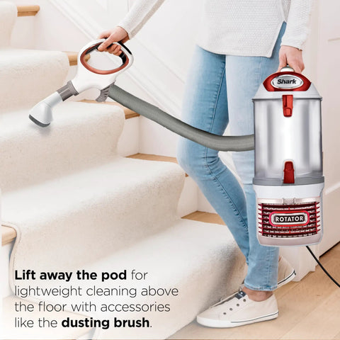 Shark Lift Away Upright Vacuum With Hepa Filter For Pet Hair and Carpet Cleaning White And Red Model Nv501 user cleaning stairs with detachable pod.