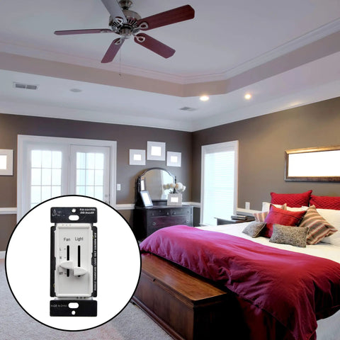 Bedroom with 3 Speed Ceiling Fan Control And Dimmer Light Switch With Dual Slide Controls For Full Range Dimming And Four Fan Speeds