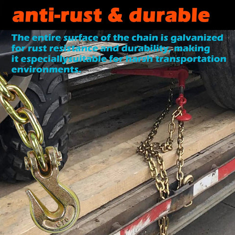 G70 Five Sixteenth Inch Ten Foot Transport Chain With Clevis Hooks securing cargo, heavy duty, zinc finish, 4,700 lb load