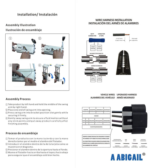 Installation guide and diagram for wire harness assembly with step-by-step instructions in English and Spanish.