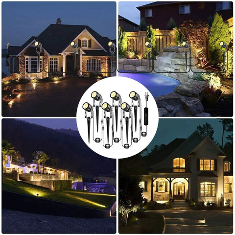 2 Pack Extension Lights With 3 Meter Cables For Warm White Landscape Lighting, illuminating garden pathways and home exteriors at night.