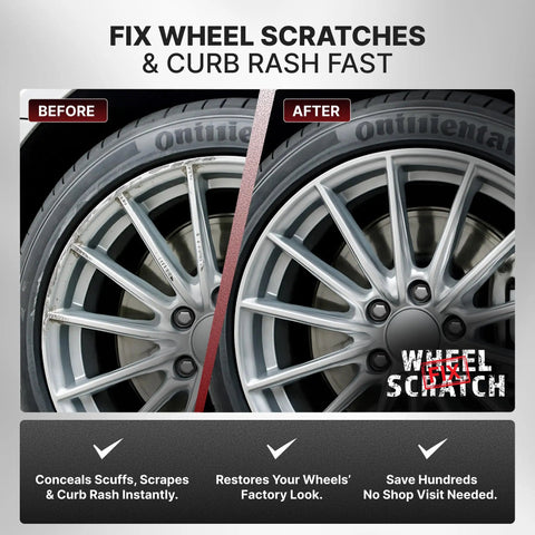 Before and after rim restoration using Silver Wheel Touch Up Paint Kit For Cars Easy 3 Step DIY Alloy Rim Repair With Fast Dry Pen Curb Rash Remover For Scuffs And Chips OEM Finish Wheel Paint For Home Rim Restoration