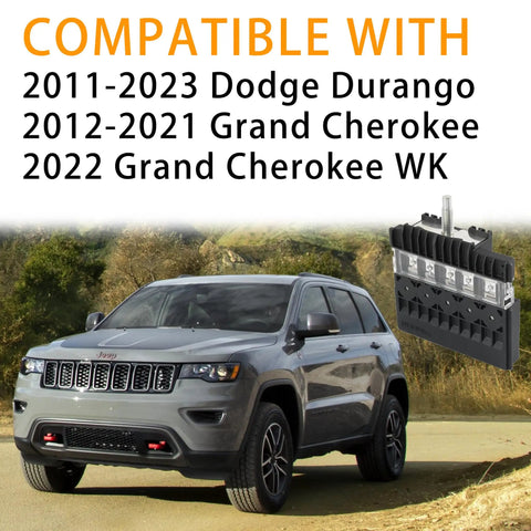 Slick Headlight Main Fuse Block For Dodge Durango 2011-2023 Jeep Grand Cherokee 2012-2021 shown on SUV in landscape.