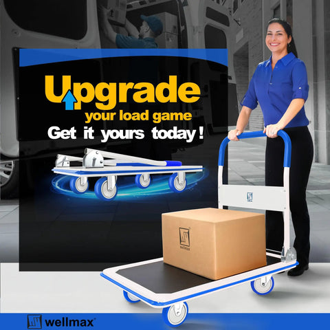 No Sweat Foldable Push Cart Dolly Rocking A Solid 660 Pound Load Rating For Smooth Moving Hauls And Super Compact Portable Trunk Storage In Vivid Blue with a box.