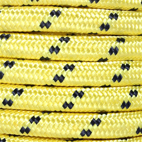 Close-up of Half Inch 200 Foot Arborist Bull Rope Double Braid Polyester Rigging Hoisting Line High Strength Tree Rope Yellow And Black