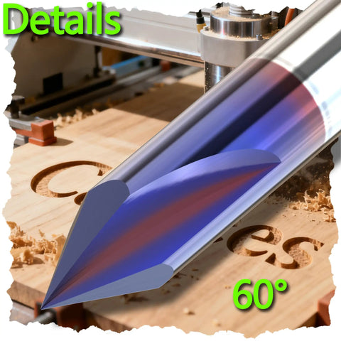 Close-up of Nano Blue Coated CNC Wood Engraving Router Bit 60° V carving on wood, showing engraving precision and detail.