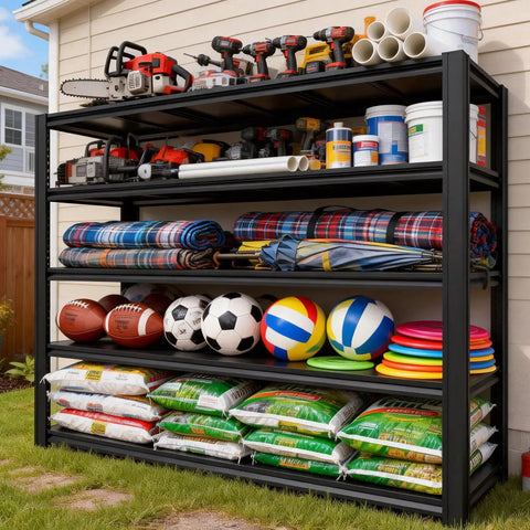 Beefy Heavy-Duty 5 Tier Garage Shelving Unit With Adjustable Shelves For Garage Workshop Basement Or Warehouse 84H X 55.03W X 24D Inches Industrial Storage Racking, loaded with tools and sports items outdoors.