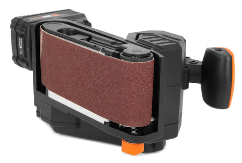 Cordless Belt Sander With Variable Speed For Precise Finishing, Handheld And Portable, 3 By 18 Inch Belt, tool side view.