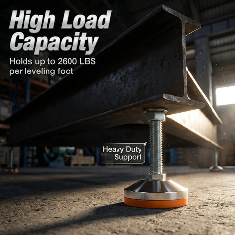 Beefy Stainless Steel Adjustable Leveling Feet With Dead Solid 2600 Lb Support Per Leg M16 Threads Non Slip Bottoms 4 Pack showcased under industrial support beam.