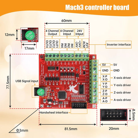 Dimensions and features of Mach3 USB CNC controller card for Nema 23 CNC stepper motor kit.
