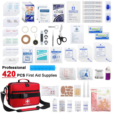 Poygik Premium 420-Piece Large First Aid Kit with red carrying bag and assorted medical supplies.