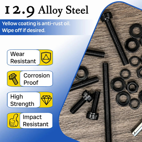 795Pcs M3 Screws Kit With Hex Socket Head Bolts, Nuts, And Washers M3x10 12 14 16 20 25 30 40mm, 12.9 Alloy Steel Black Zinc Plated Ideal For DIY Projects And 3D Printer Builds, black bolts and washers