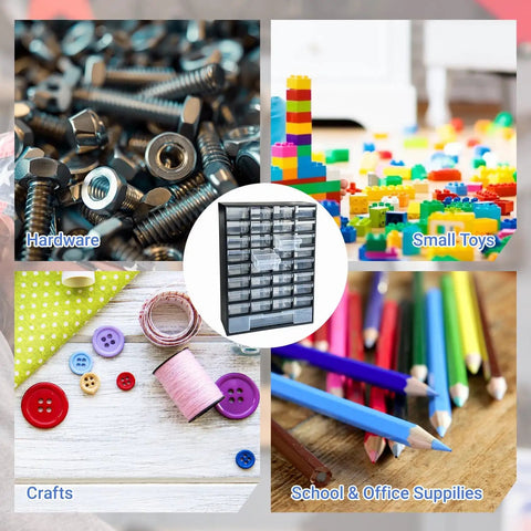 Collage of hardware, small toys, crafts, and school supplies around 33 Drawer Plastic Small Parts Organizer For Hardware, Crafts, Beads And More, Full Extension Drawers, Durable Storage Bin With 11.8 By 16.1 Inch Footprint, Black, Ideal For Your Workshop, Garage And Hobby Room.