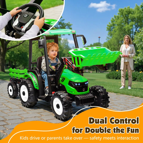 Killer 24V Kids Tractor Ride On With Easy Grip Remote Control And Detachable Trailer Heavy Duty Metal Frame Construction Toy Packed With Dual Motors Front Loader Scoop And Comfort Cushion Seats For Big Kids in action with a child driving.