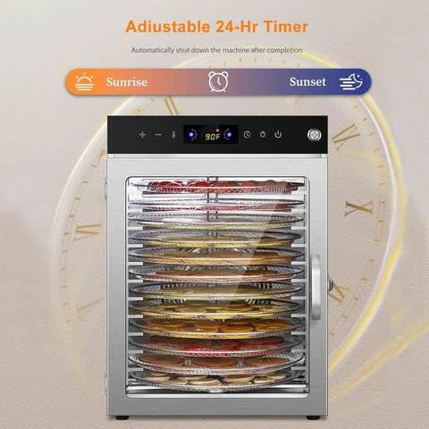 Heavy Duty Twenty Chamber Electric Food Dehydrator Featuring Smooth 360 Degree Hot Air Circulation And Twenty Four Hour Programmable Timer with adjustable timer settings.