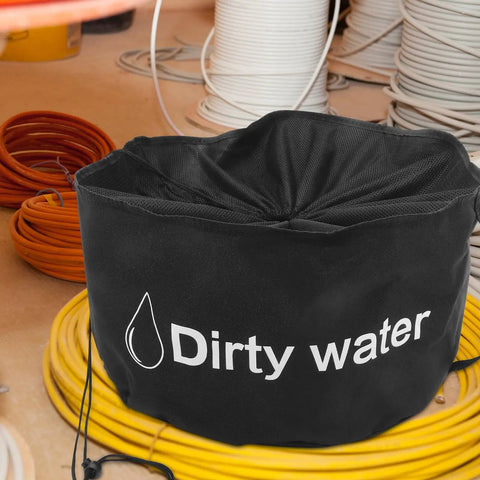 Black RV Hose And Water Tube Storage Bag with 'Dirty Water' text, surrounded by coiled cables, sturdy handle visible, water-resistant.