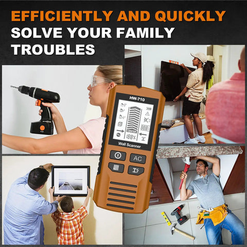 Brilluxa Stud Finder, Wall Scanner Digital Detector with LCD Display for Wood Studs, Metal Pipes and Live AC Wires Behind Drywall (Yellow) in use while drilling and mounting.