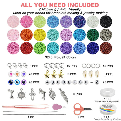 All In One Seed Bead Kit For Jewelry Making With About 3400 Glass 4mm Seed Beads In 24 Colors And 170 Charms Including Letter Beads Evil Eye Hearts Shells Pendants Jump Rings Lobster Clasps Plus 2 Beading Needles And Elastic Strings.