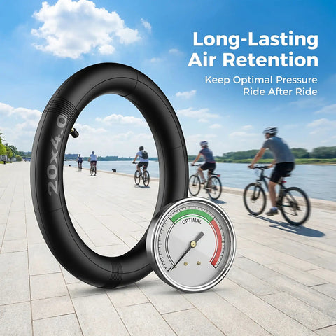 Beefy Heavy Duty Fat Bike Inner Tube 20x4.0 with Schrader Valve shown with cyclists by a river.