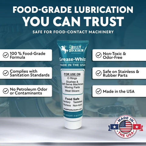 Pro Grade Food Safe Lubricant For Kitchen Gear And Food Contact Surfaces, 1oz Tube, shown with features and made in USA badge