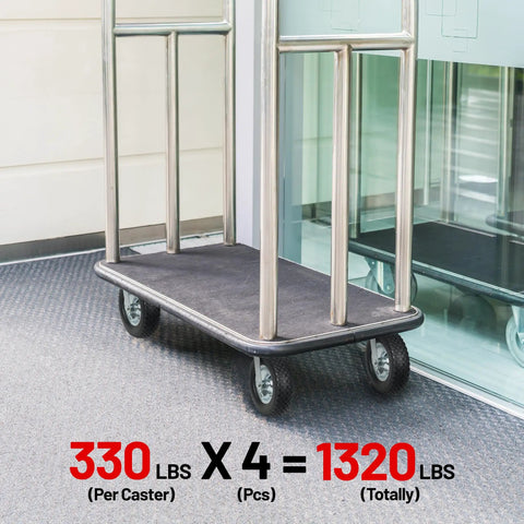 12 Inch Flat Free Foam Filled Rubber Swivel Caster Is Tough As Nails With 330 Lb Capacity shown on a utility cart.