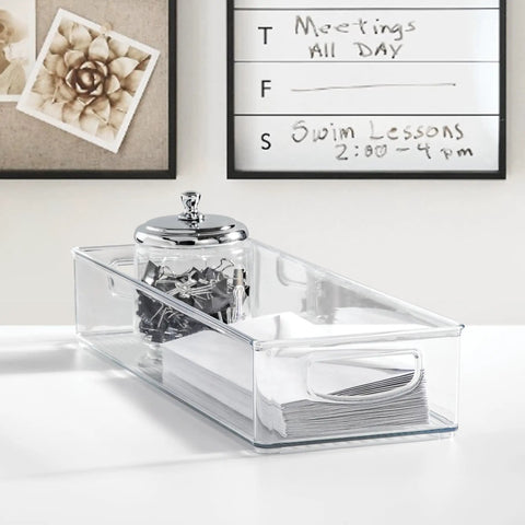Sleek Extra Long Clear Storage Bins Pack Of 4 Heavy Duty Stackable Plastic Organizers For Deep Pantry Shelves Cabinets And Fridge Drawers Kitchen Organization Game Changer For Any Household on a desk with papers and clips.