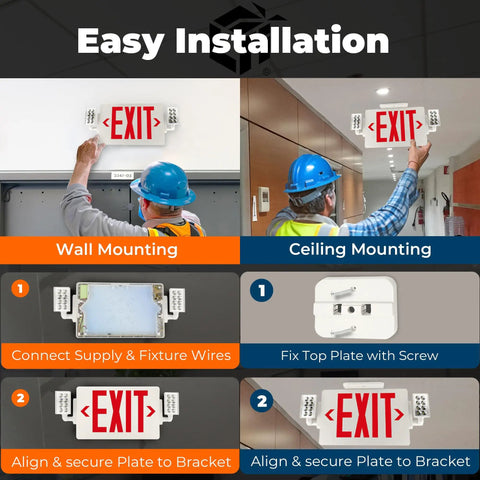 Red LED Exit Sign With Emergency Lights In White Housing UL 924 Listed 120 To 277 VAC Hardwired With Battery Backup installation