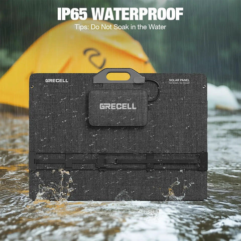 350W Portable Foldable Solar Panel With XT60 And Anderson Output For Power Stations And Off Grid Van Life Campers High Efficiency 37.4V Solar Charger, shown in wet conditions with IP65 waterproof rating