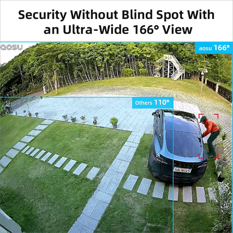 Outdoor Wireless Security Camera With Solar Power And Battery Backup 2K HDR Video showcasing 166° view of driveway