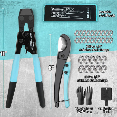 Front view of Shall PEX crimping tool kit with 11in crimper and pipe cutter, 20x1/2in and 10x3/4in clamps, pouch.