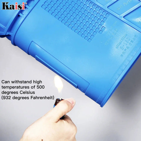 Heat Resistant Silicone Repair Mat With Built In Scale Ruler And Screw Positioning for Soldering Iron Phone And Computer Repair shown with flame test.