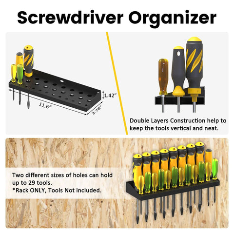 Wall Mounted Tool Rack Set 4 Pack Handy Screwdriver Organizer shown with empty rack and tools, for garage workshop storage.