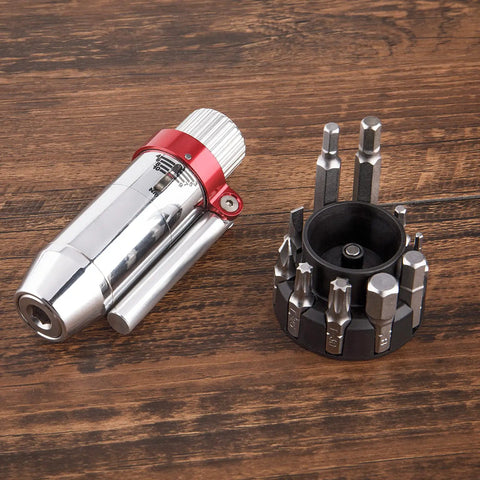 Adjustable Torque Wrench for Bikes 3 to 10 Nm Range Aluminum Alloy T Shape Handle Includes Allen Wrenches and Screwdrivers Must Have Pro Grade Bike Maintenance Tool displayed on a wooden surface.