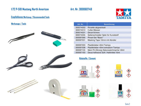 Recommended tools and cement for One Seventy Two Scale Dope P Fifty One D Mustang Model Kit, including pliers and glue.