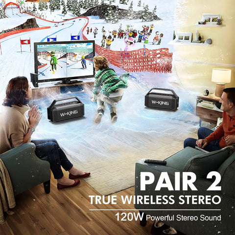Living room with TV and skiers on screen, two Beast Bluetooth Speaker for Outdoors 100W Peak Power IPX6 Waterproof Boomboxes on floor