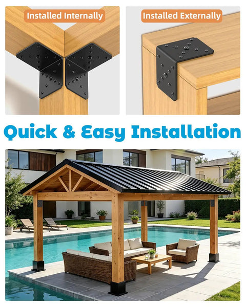 Solid As A Rock Heavy Duty L Bracket 4X4 Corner Braces for wood deck and pergola posts shown in use with outdoor structure.