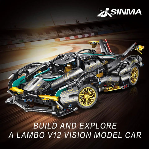 Technic Sports Car Building Kit 1:14 Scale Lambo V12 MOC Race Car Model Set with gold wheels on track display.