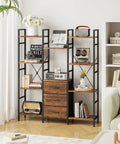 Industrial Rustic 47 Inch Wide Bookcase With Ten Display Shelves And Hidden Fabric Drawers in living room setup
