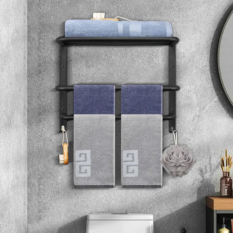 Foldable Double Towel Rack With Towel Bar And 5 Hooks Space Aluminum Wall Mount Shelf For Bathroom And Kitchen No Drill Easy Install