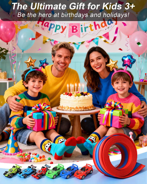 Family celebrating birthday with Three Lane Flexible Race Track For Kids With 16.4ft Roll Up Layout and toys in festive room