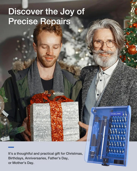 Two people exchanging a gift with 45-In-1 Mini Precision Screwdriver Set With Magnetic Bits, Tweezers And Extension Shaft displayed nearby.