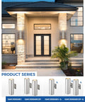 Front view of house with 2 Pack Outdoor Wall Lights Dusk To Dawn Sensor Dope Stainless Steel Wall Sconces, brushed nickel finish.