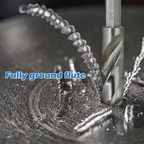 Close-up of Compact Metal Drill Bit Set With One Quarter Inch Hex Shank M2 High Speed Steel for Quick Change showing fully ground flute.