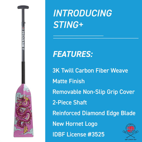 Pink Dragon Boat Paddle With Adjustable Carbon Fiber Blade, Clamp Adjustable, IDBF Approved, Lightweight 20 Oz Sting Pro Paddle For Racing And Training, PMI Foam Core, Pro Level Power And Durability, featuring dragon design and features list.